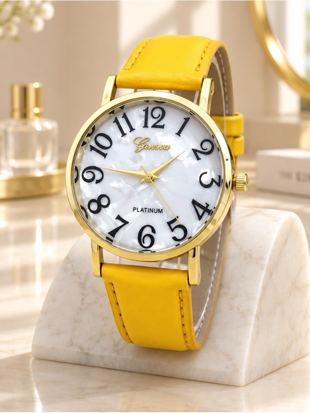2394-168 Geneva NWT Women’s Quartz Watch Yellow Faux Leather Gold Tone Shell Dia